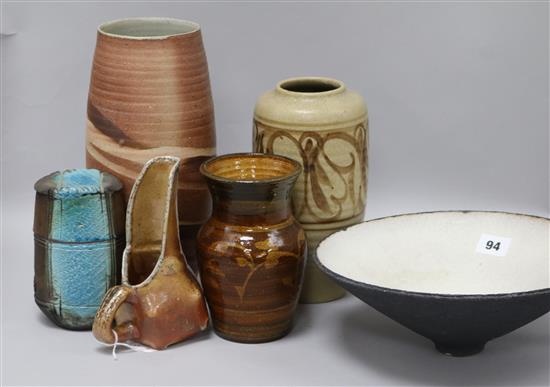 Six mixed English art pottery vases, a dish and a box Bowl 27cm diam